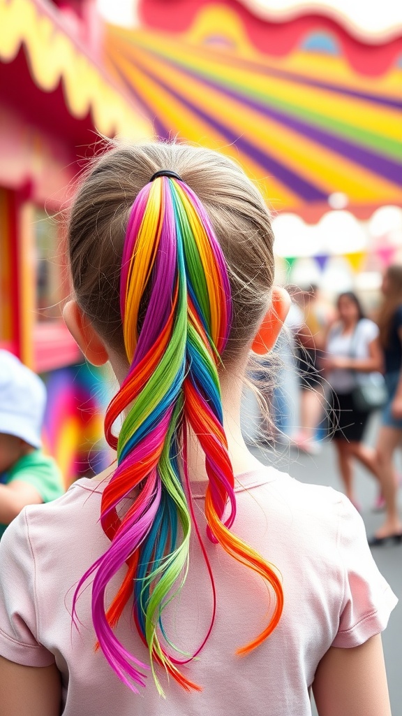 A ponytail hairstyle with colorful rainbow hair extensions, showcasing vibrant colors.