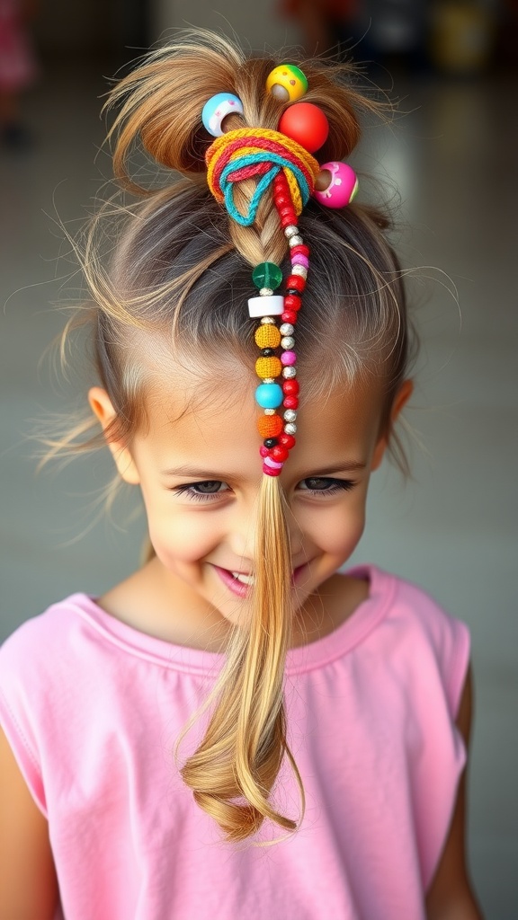 A young girl with a colorful ponytail hairstyle adorned with beads and ribbons.
