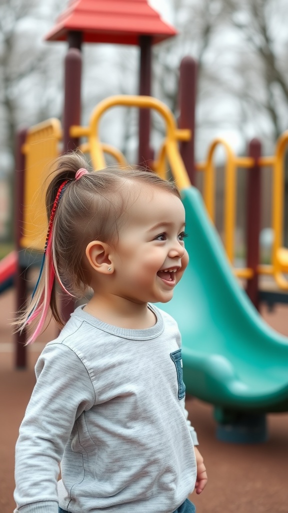 Toddler with a ponytail and colorful hair extensions, smiling at a playground