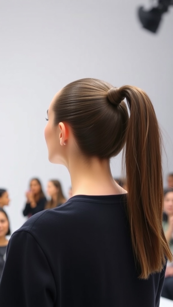 A woman with a sleek ponytail styled with a hair wrap, looking stylish and polished.