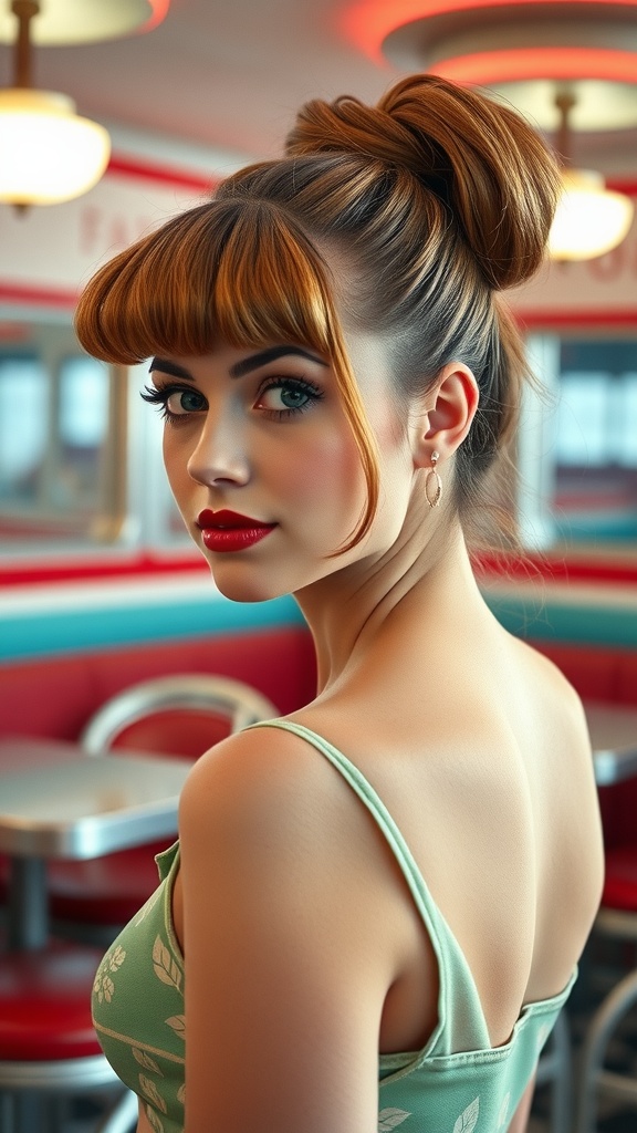 A woman with a high ponytail and pin-up style bangs, wearing a green outfit, in a retro diner setting.