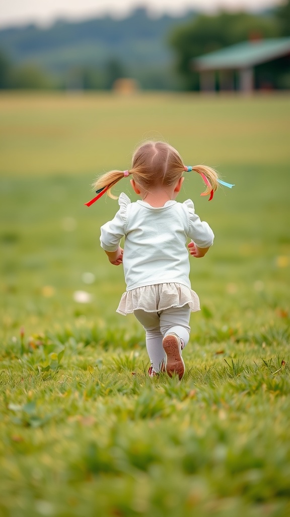 A toddler with two ponytails tied with colorful ribbons, running in a grassy field