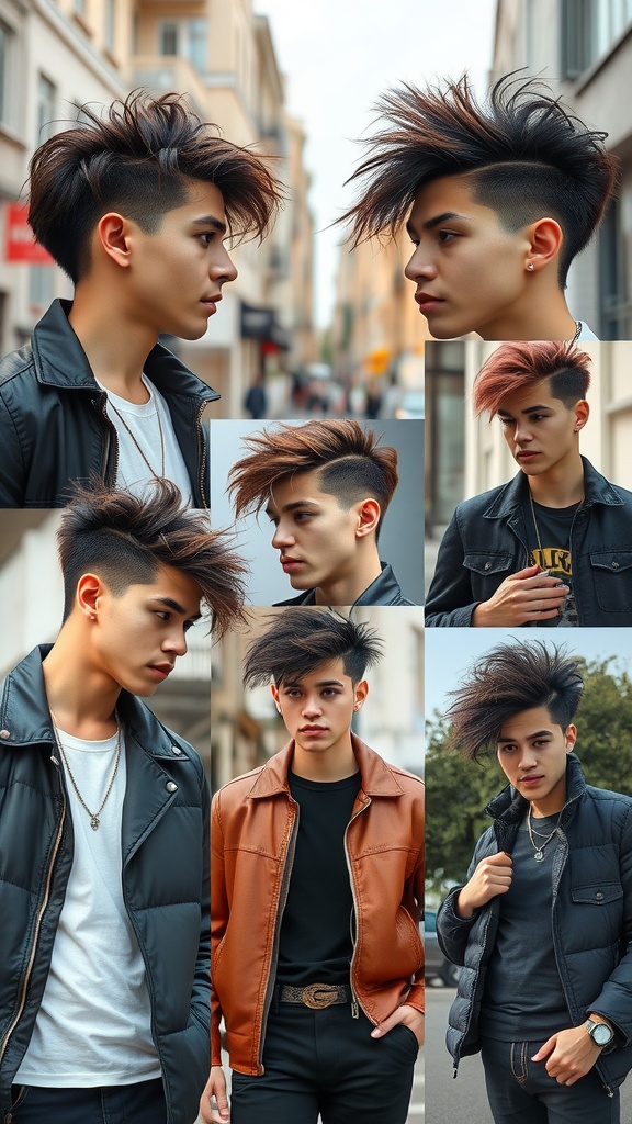 Collage of various curly mullet hairstyles for men, showcasing different styles and colors.