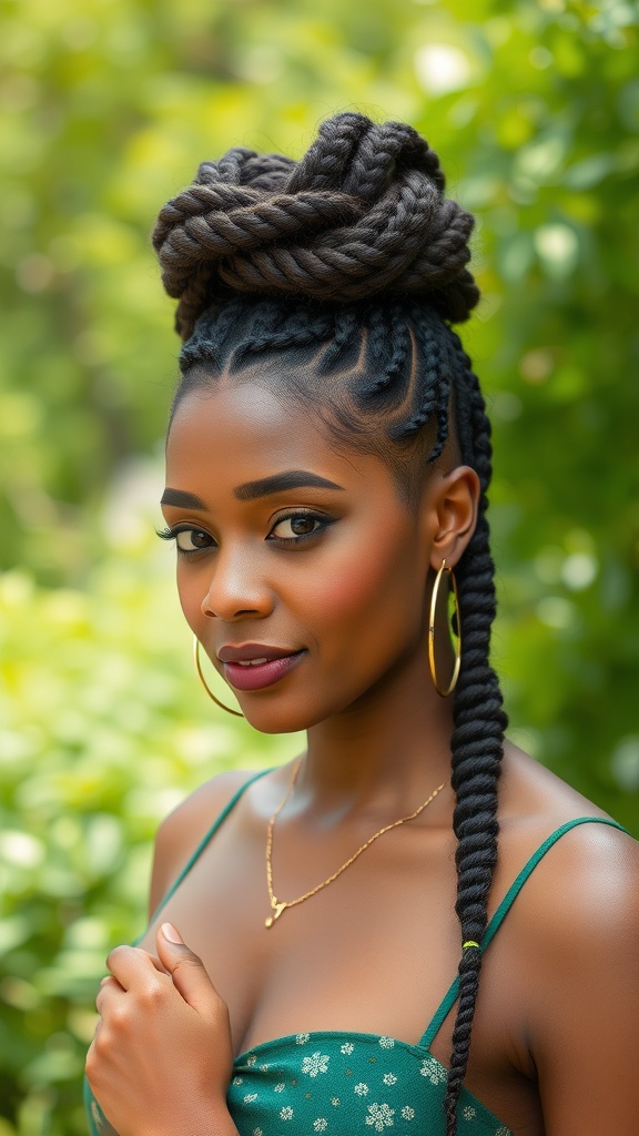 A woman with a braided updo hairstyle, showcasing protective styling for 4B hair.
