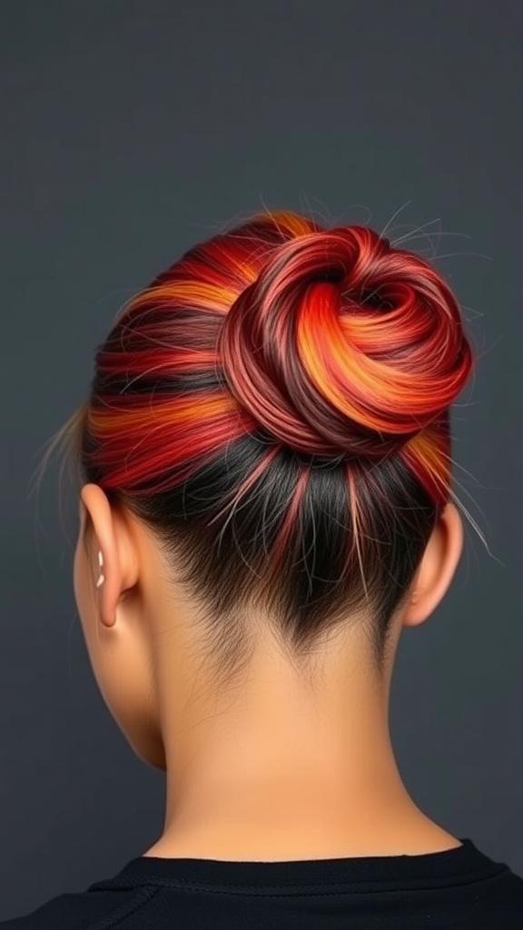 A vibrant slick back bun hairstyle featuring red and black colors.