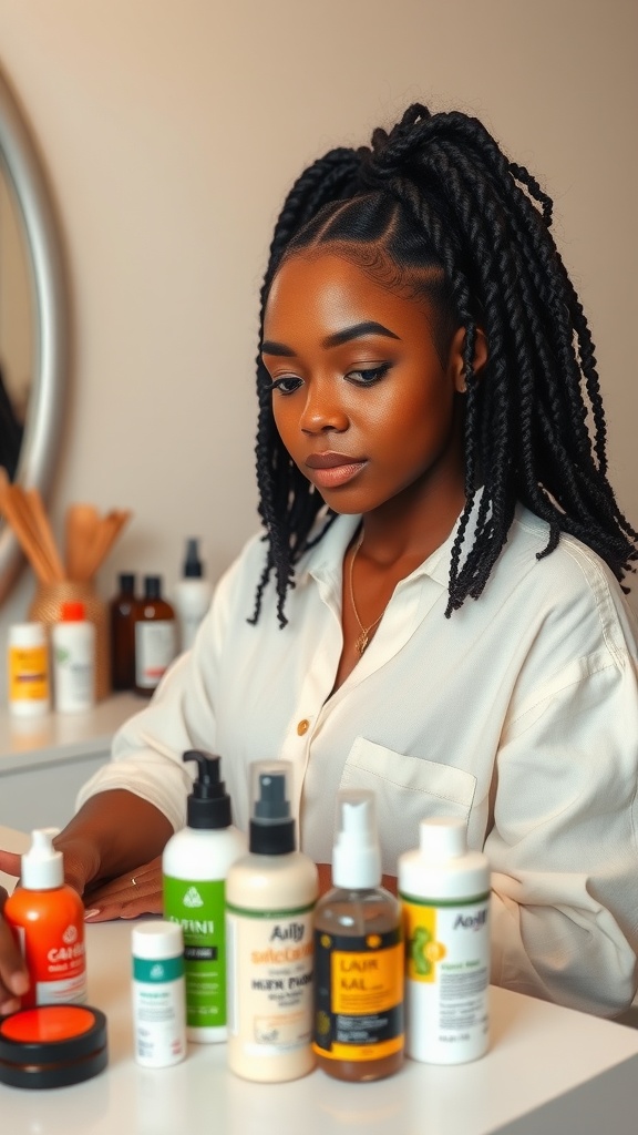 A woman with 4C hair examining various hair care products on a table.