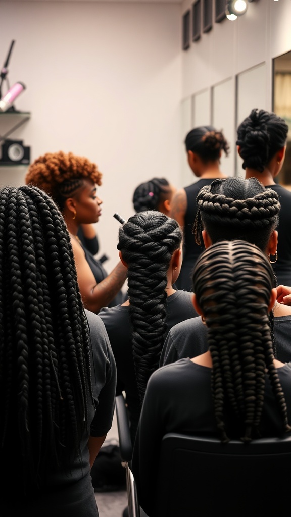 A group of people with various protective hairstyles in a salon setting.