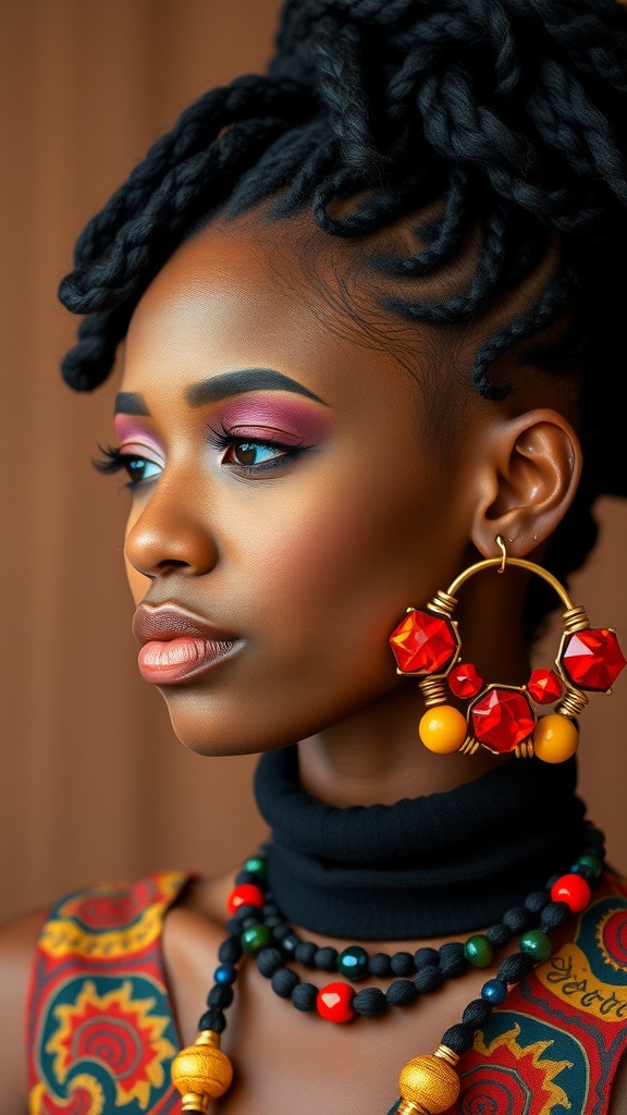 A woman with intricate twisted protective hairstyle, wearing colorful accessories and makeup.