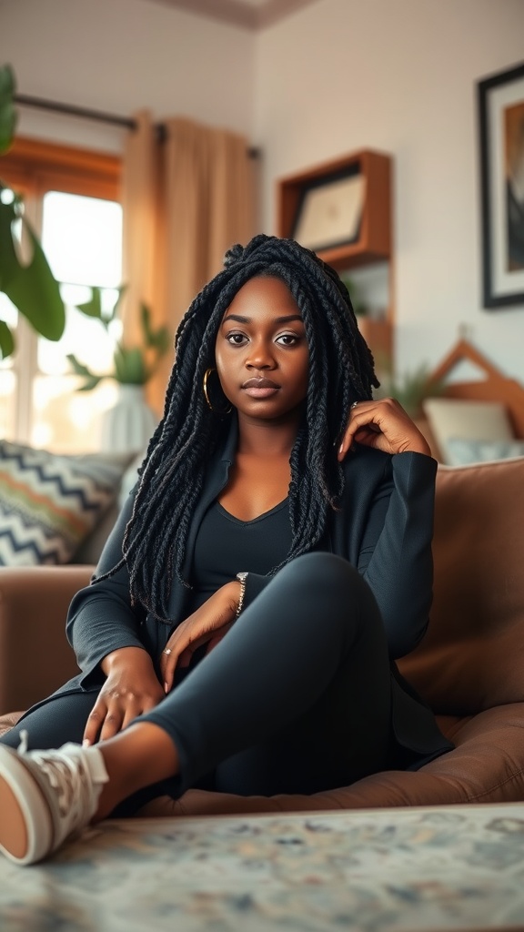 A woman with passion twists sitting comfortably in a stylish living room.