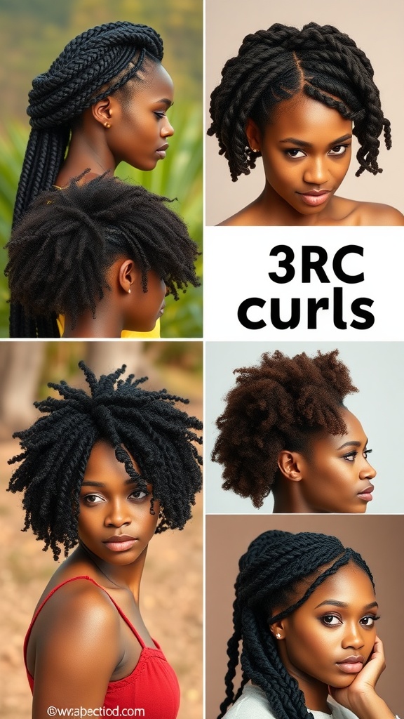 A collage of various protective hairstyles featuring 3C curls, including braids, twists, and natural curly looks.