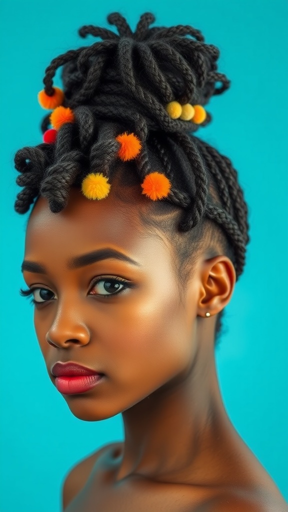 A woman with short, twisted hair styled in a puff and adorned with colorful pom-poms.
