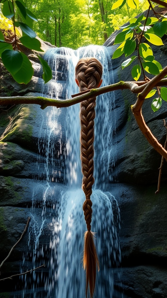 A waterfall braid cascading down in a lush green forest setting.