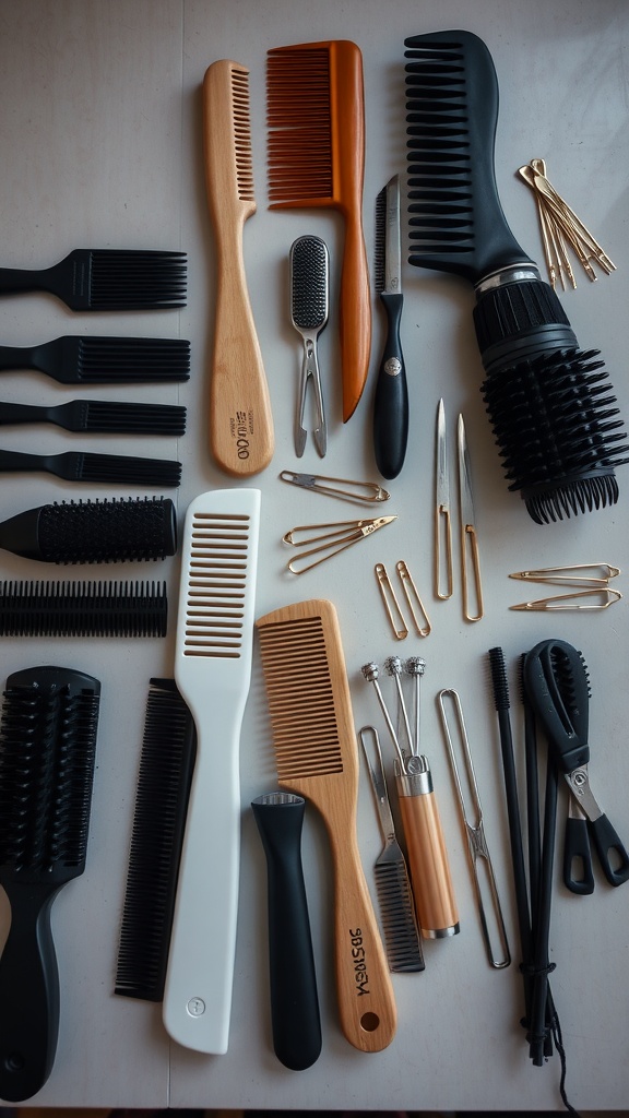 An array of combs, brushes, hairpins, and styling tools laid out neatly.