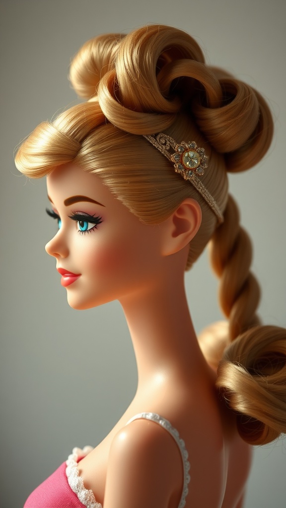 A retro Barbie doll with a stylish ponytail and decorative headband.