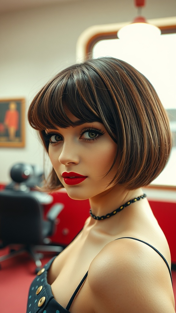 A model with a classic bob hairstyle and wispy bangs, wearing a black top, with a retro setting in the background.