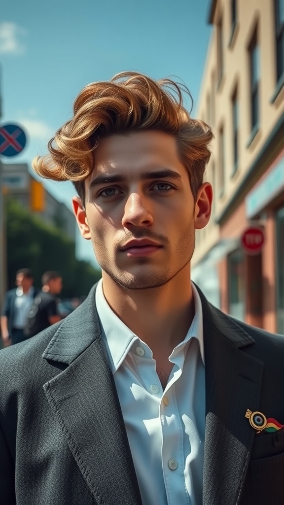 A young man with curly hair wearing a blazer, exuding a retro vibe.