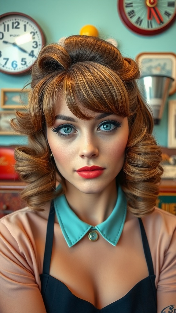 A woman with retro-inspired curls and curved bangs, featuring bright blue eyes and red lipstick.
