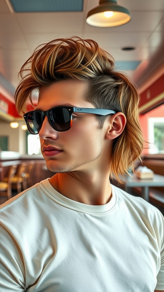 A young man with a retro mullet hairstyle, wearing sunglasses, sitting in a casual dining setting.