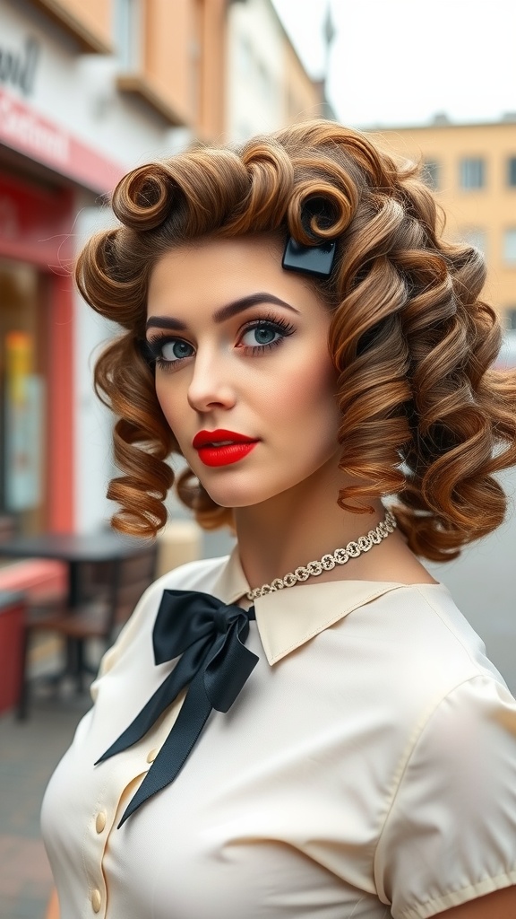 A woman with defined retro curls, wearing a beige top with a black bow, red lipstick, and a simple necklace, showcasing a classic pin-up hairstyle.