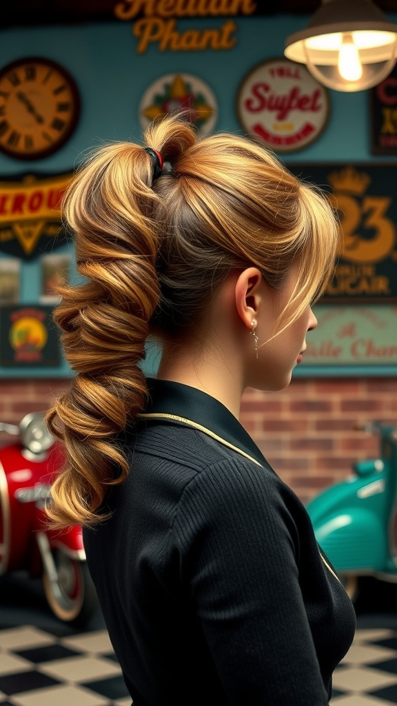A woman with a high side ponytail featuring voluminous curls, set against a vintage-themed background.