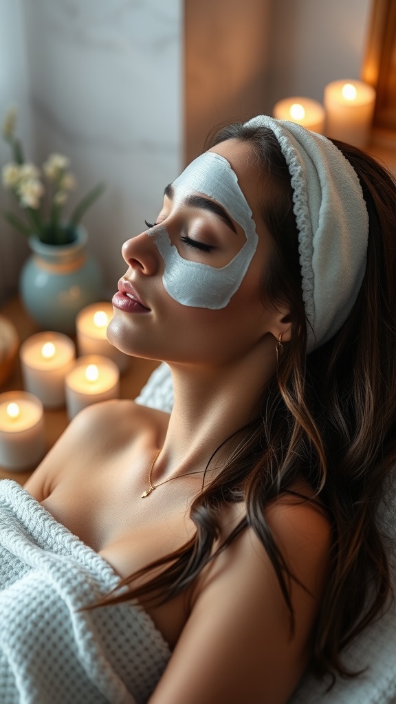 A woman relaxing with a face mask and candles, representing self-care and hair treatment.
