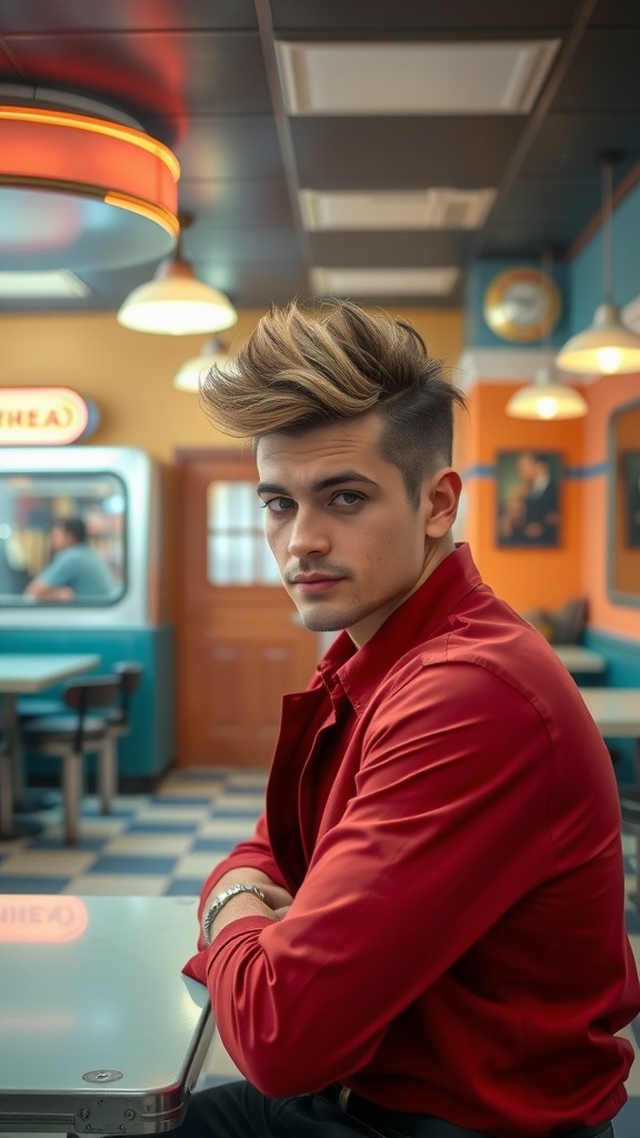 A young man with a modern rockabilly inspired mullet hairstyle, wearing a red shirt, seated in a retro diner.
