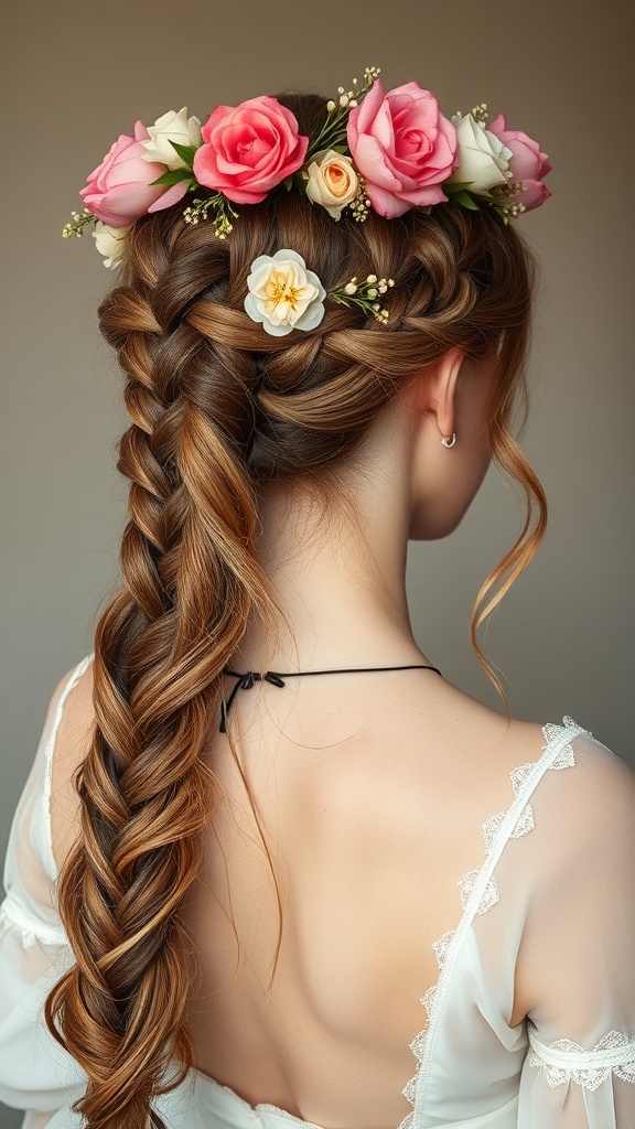 A woman with a fishtail braid styled into a crown, adorned with pink and white flowers.