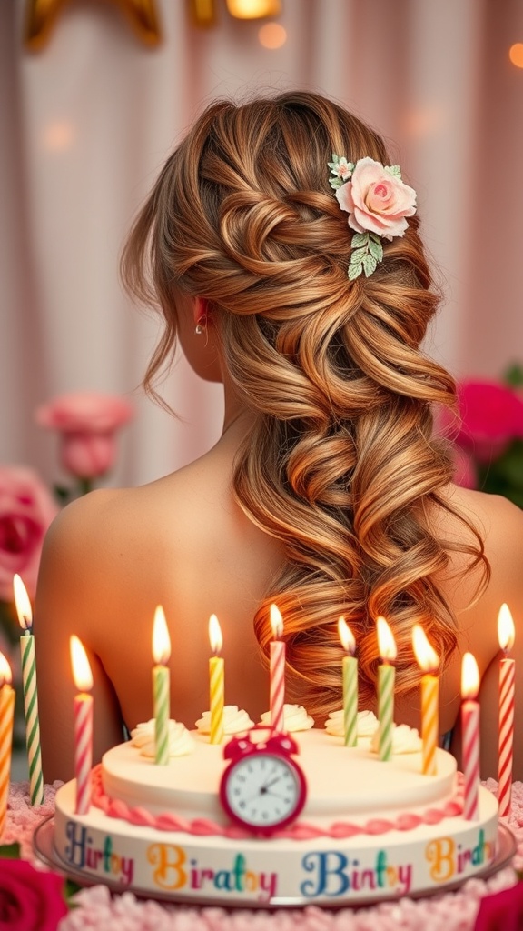 A woman with a romantic half-up half-down hairstyle adorned with a flower, sitting near a birthday cake with candles.