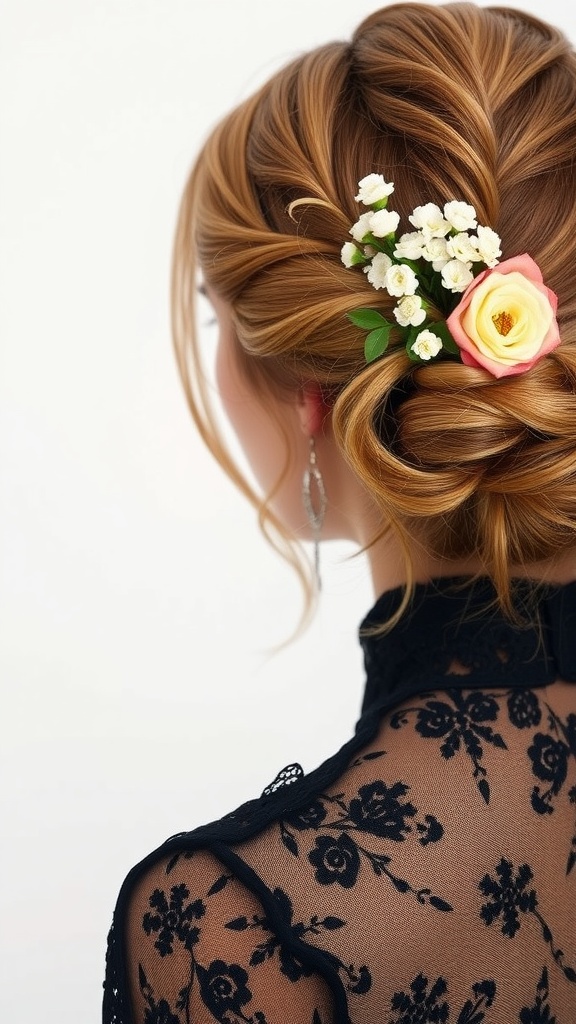 A romantic half-up twist hairstyle with flowers, showcasing elegant curls and twists.