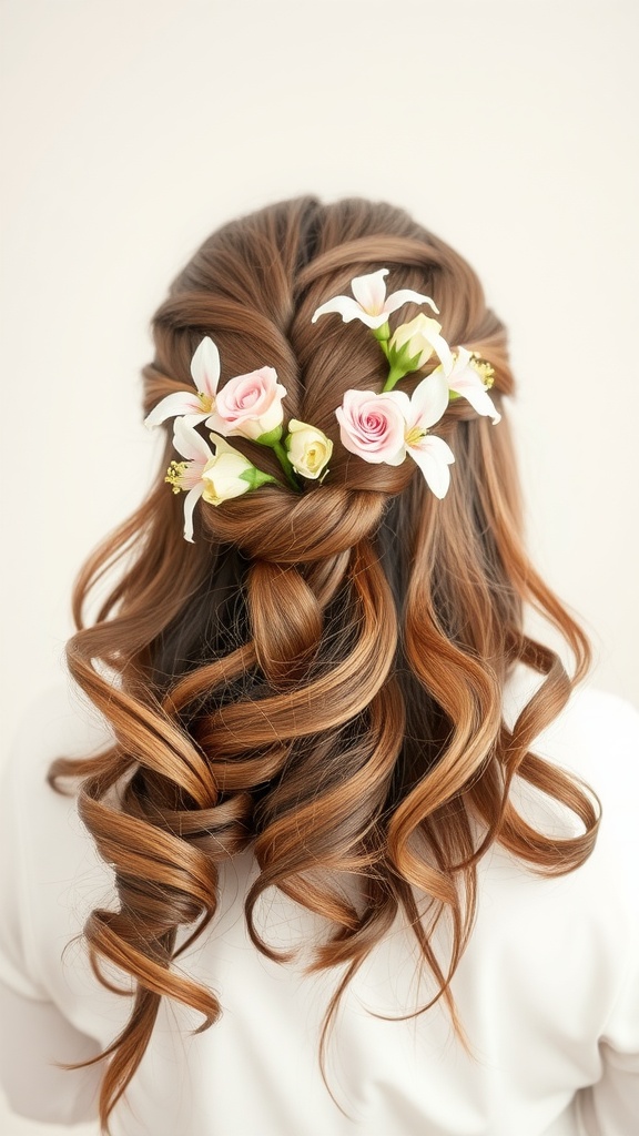 A romantic half fishtail braid with soft waves and floral accents.