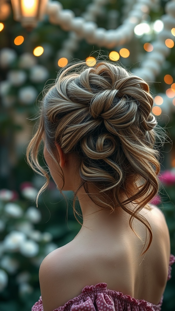 A romantic messy curly updo hairstyle showcasing soft, tousled curls with loose tendrils framing the face.