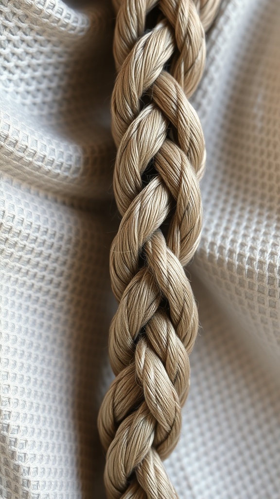 A close-up of a neatly styled rope braid on a textured fabric background.