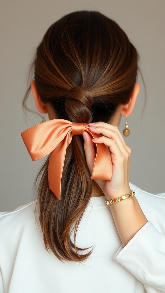 Woman's hair styled in a ponytail with a satin ribbon tied at the base.
