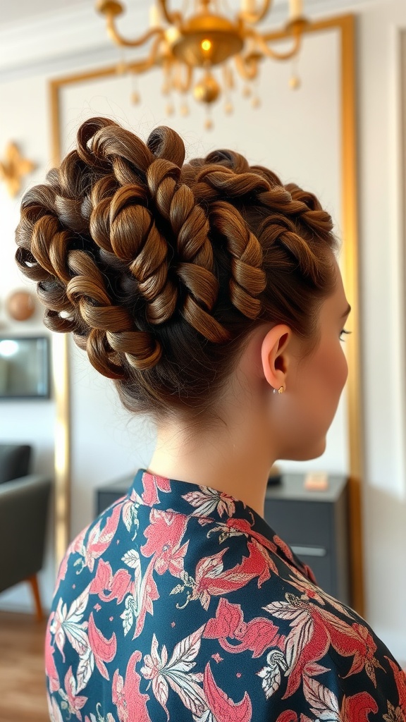 A sculpted curly updo featuring intricate braids, showcasing a stylish hair arrangement.