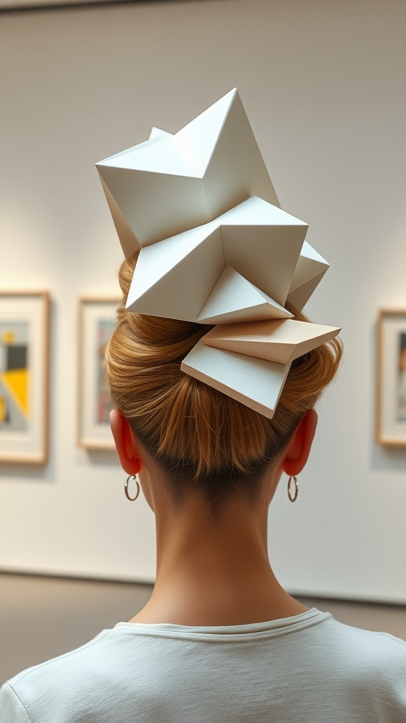 A sculptural updo featuring geometric shapes, showcasing a creative hairstyle.