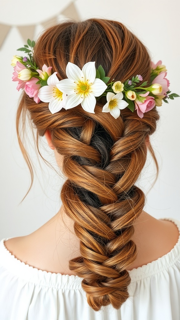 A beautiful braid adorned with white and pink flowers, creating a floral crown effect.
