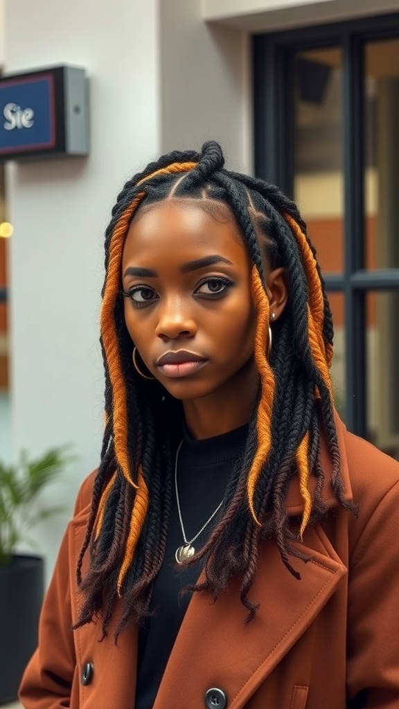 A woman showcasing Senegalese twists with an ombre effect, featuring dark hair blended with vibrant orange highlights.