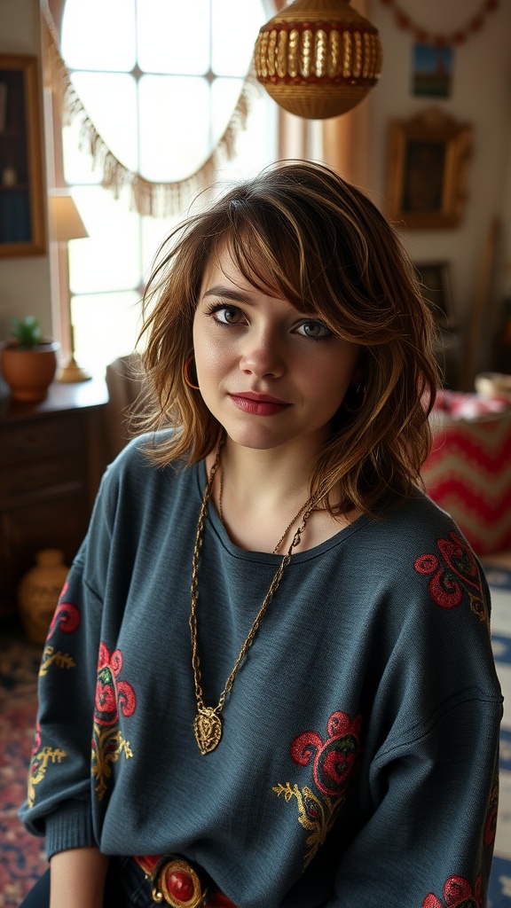 A woman with a shaggy lob hairstyle, wearing a sweater with floral embroidery, sitting indoors.