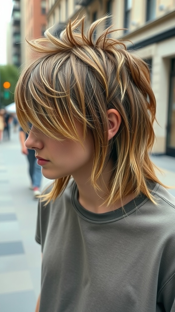 A person with a shaggy mullet hairstyle, featuring layered, tousled hair in a city setting.