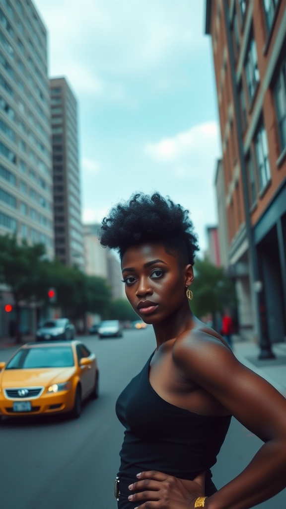 A confident woman with a short afro hairstyle standing in an urban environment