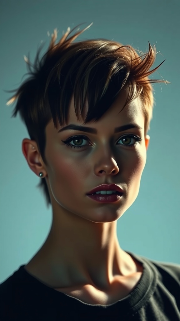 A woman with a short pixie mullet hairstyle, featuring lifted strands on top and a stylish look.