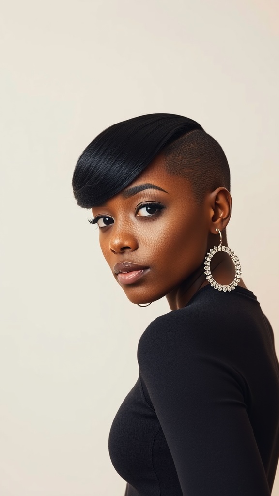 A woman with a stylish tapered haircut, showcasing natural curls and wearing large hoop earrings.