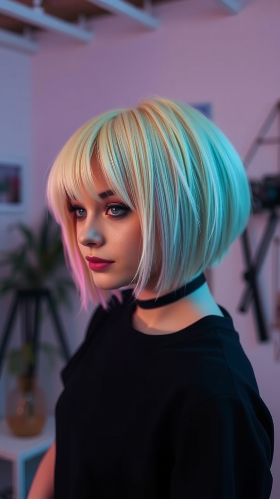 A young woman with a stylish short blonde bob and colored tips, looking elegant and confident.