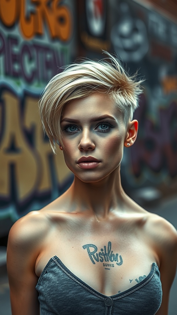A person with a short blonde bob hairstyle featuring an undercut, standing against a colorful graffiti wall.