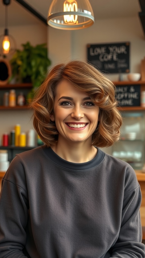 A woman with a short bob hairstyle featuring curled ends, smiling in a cozy cafe setting.