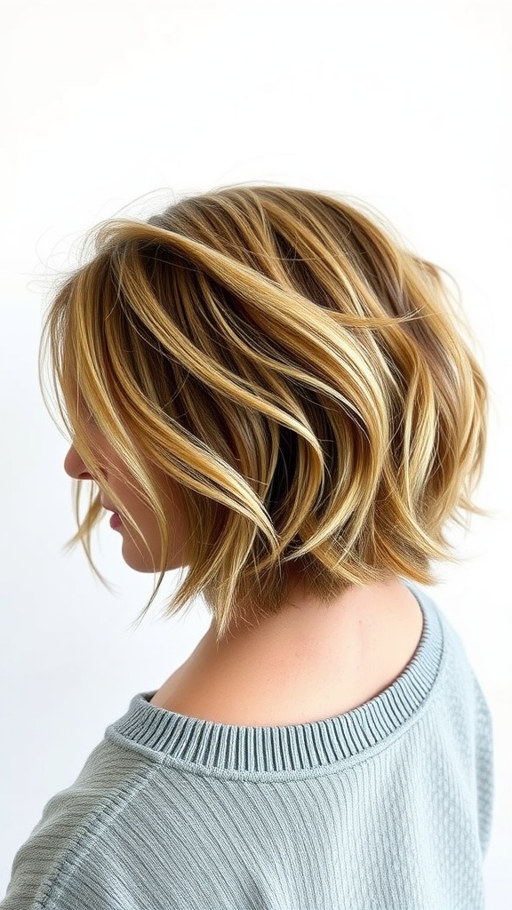 A short bob hairstyle with natural waves, showcasing a stylish and carefree look.