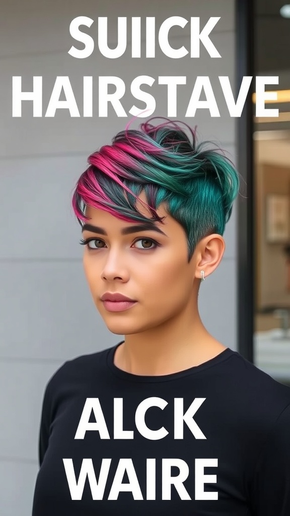 A young woman with a short cropped hairstyle featuring pink and teal colors.