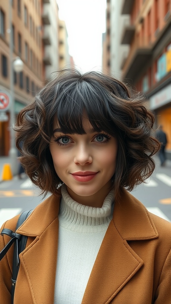 A woman with a short curly bob and fringe bangs, wearing a brown coat and white sweater, posing on a city street.