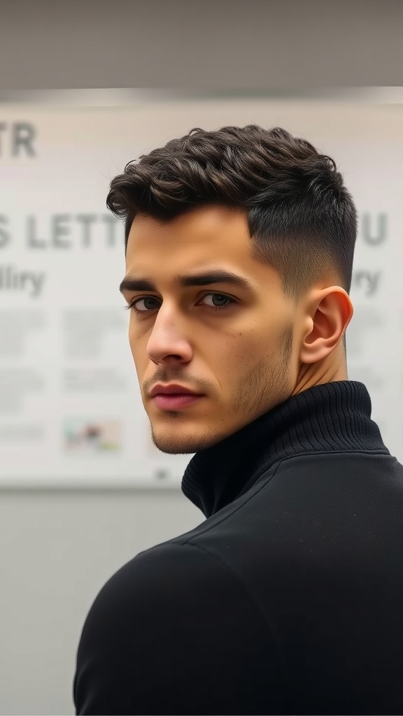 A young man with a stylish short curly crop hairstyle, looking back over his shoulder, wearing a black turtleneck.