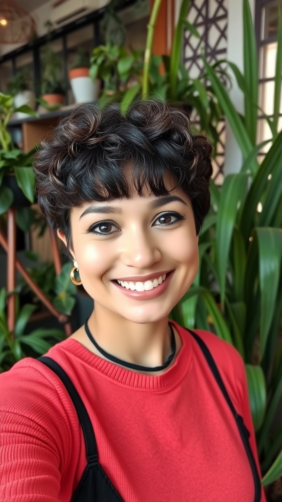 A woman with short curly hair and bangs, smiling in a green indoor setting.